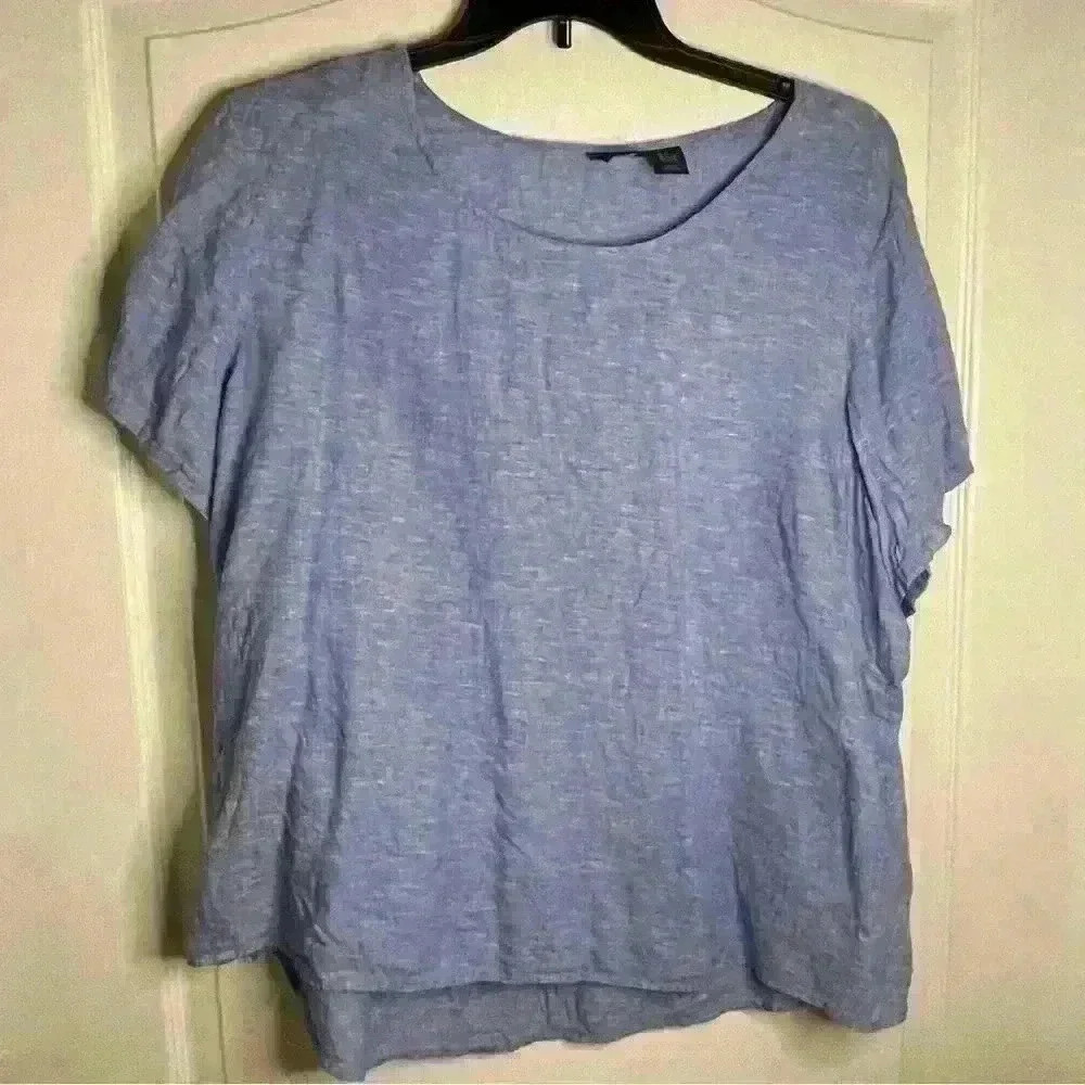 Tahari Blue 2X Blue Linen Top hi low